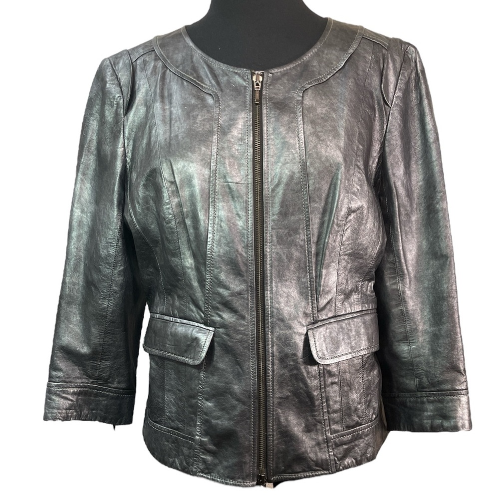 Fitted soft leather graphite pewter metallic 3/4 sleeve pockets pleated zippers